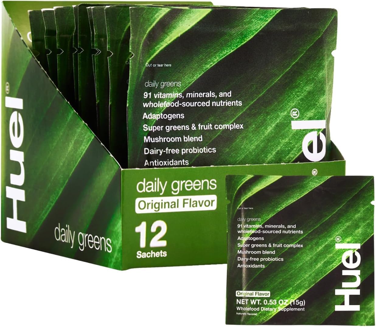 Huel Daily Greens single-serve sachet for easy daily nutrition on the go