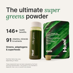 Huel Daily Greens tub packaging close-up highlighting ingredients and blends.