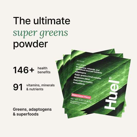 Glass of Huel Daily Greens Watermelon showcases a fruity, nutrient rich start