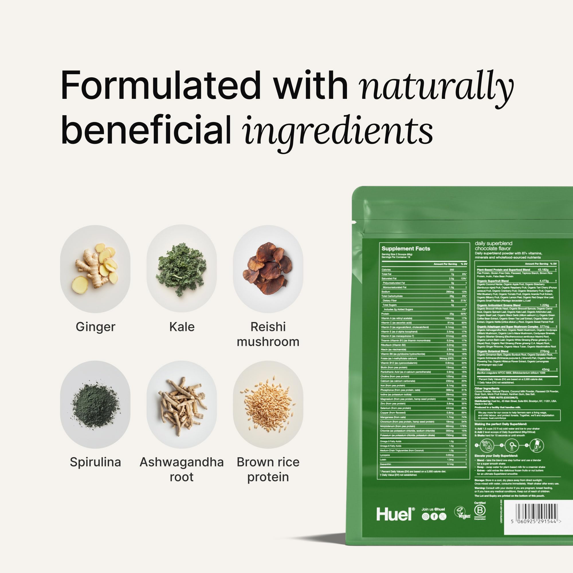 Huel Daily Superblend Chocolate with greens and vitamins for nutrient-dense support.