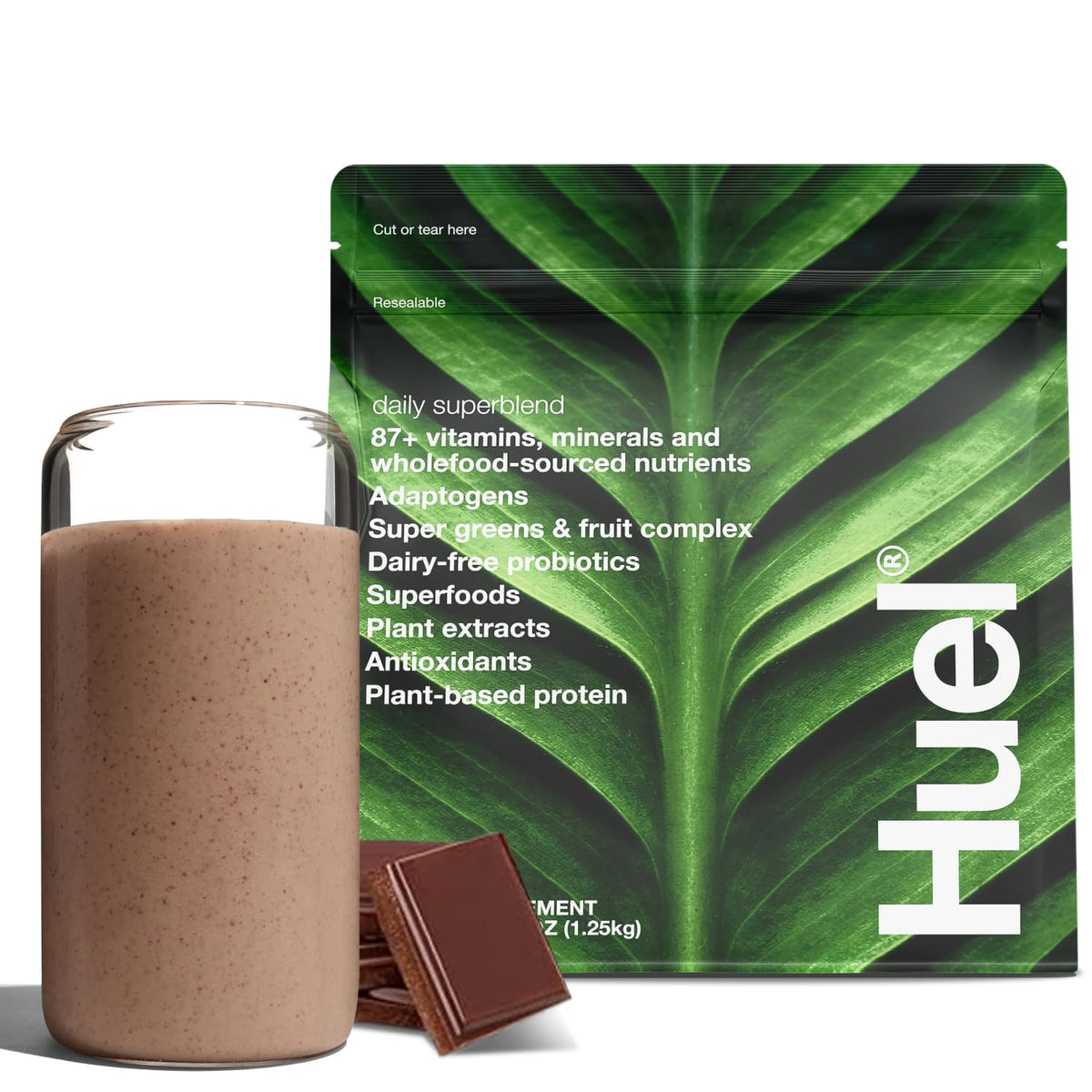Huel Daily Superblend Chocolate Powder tub for convenient, protein-packed morning meals.