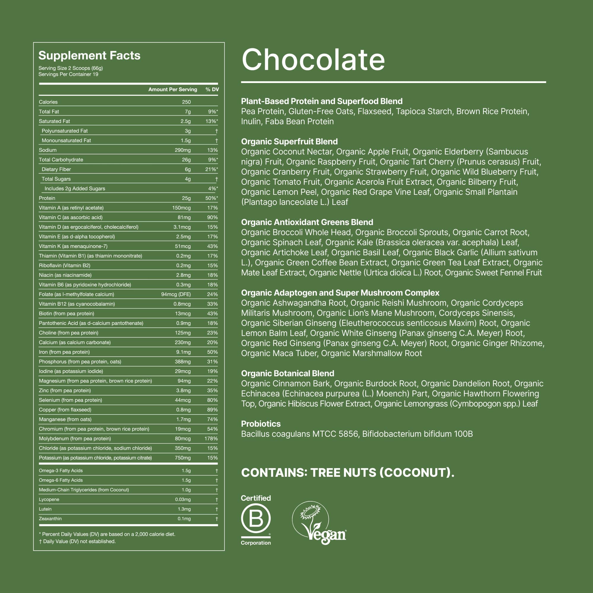 Huel Daily Superblend Chocolate includes probiotics and adaptogens for balanced nutrition.