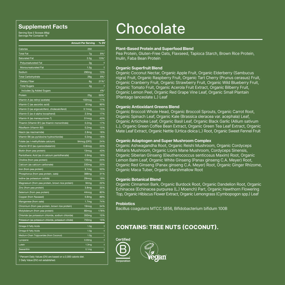 Huel Daily Superblend Chocolate includes probiotics and adaptogens for balanced nutrition.
