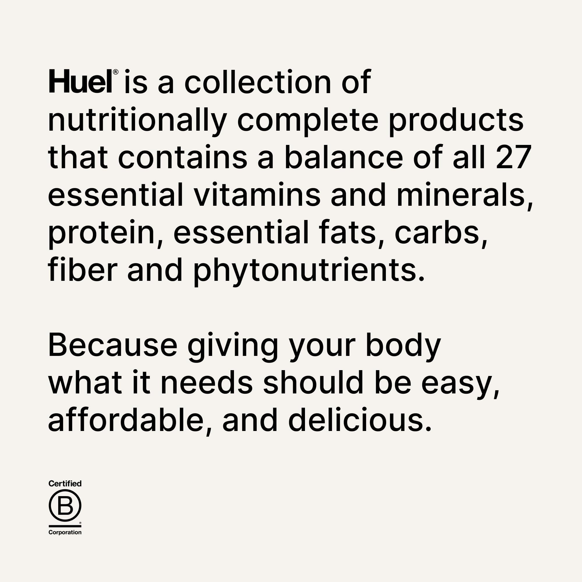 Huel Daily Superblend Vanilla nutrition panel displays 87+ vitamins and minerals.