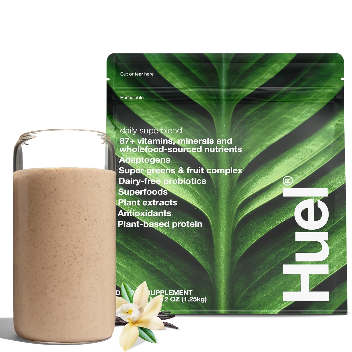 Huel Daily Superblend Vanilla tub for convenient all-in-one nutrition during busy mornings.