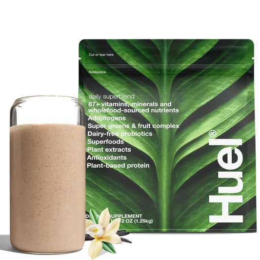 Huel Daily Superblend Vanilla tub for convenient all-in-one nutrition during busy mornings.