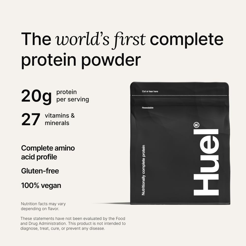 Huel Vanilla packaging noting gluten-free, dairy-free, GMO-free.