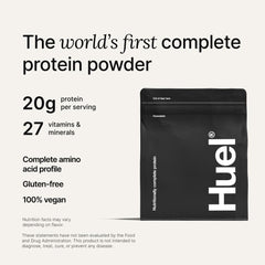 Huel Vanilla packaging noting gluten-free, dairy-free, GMO-free.