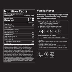 Huel Vanilla nutrition panel highlighting 20g protein and vitamins.