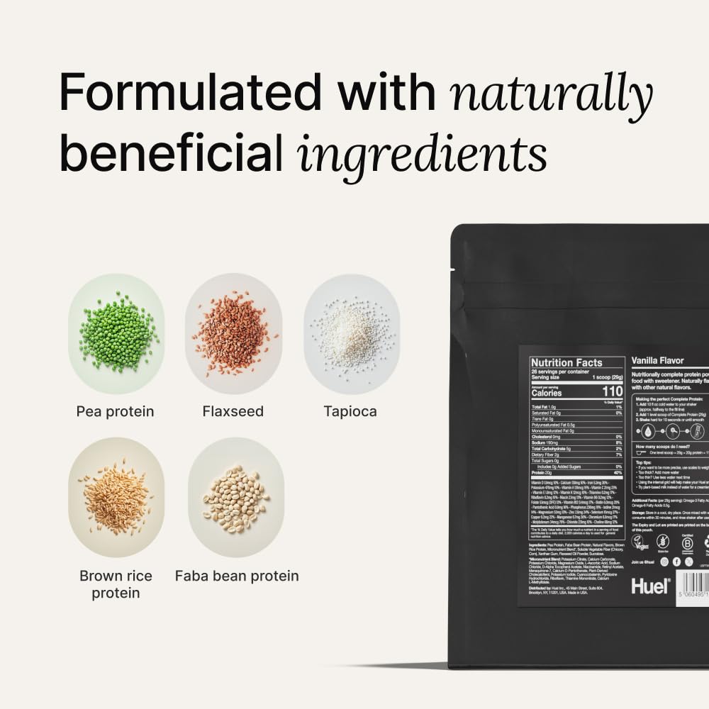 Huel Vanilla plant protein ingredients: hemp, faba, and pea.