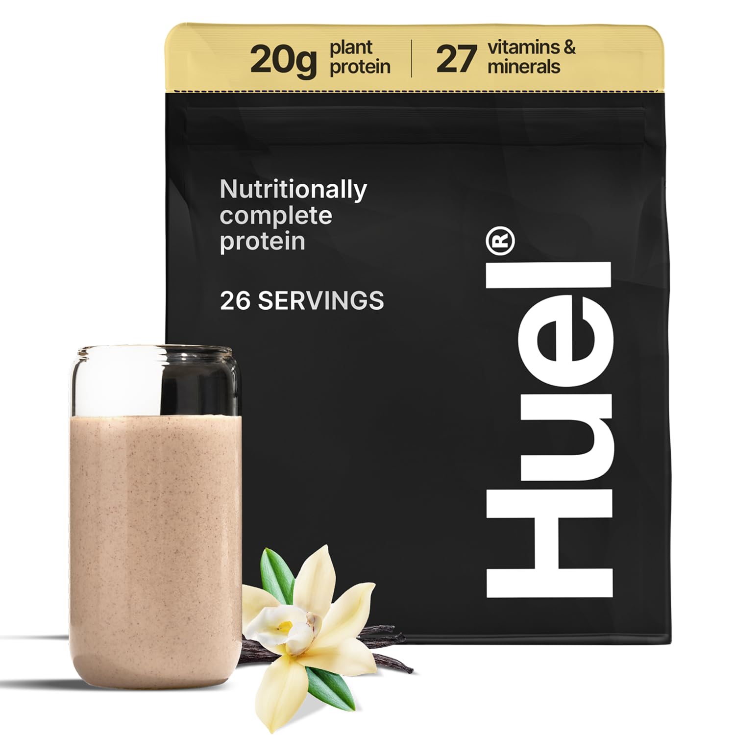 Huel Vanilla protein powder tub showing complete plant-based nutrition for daily fueling.