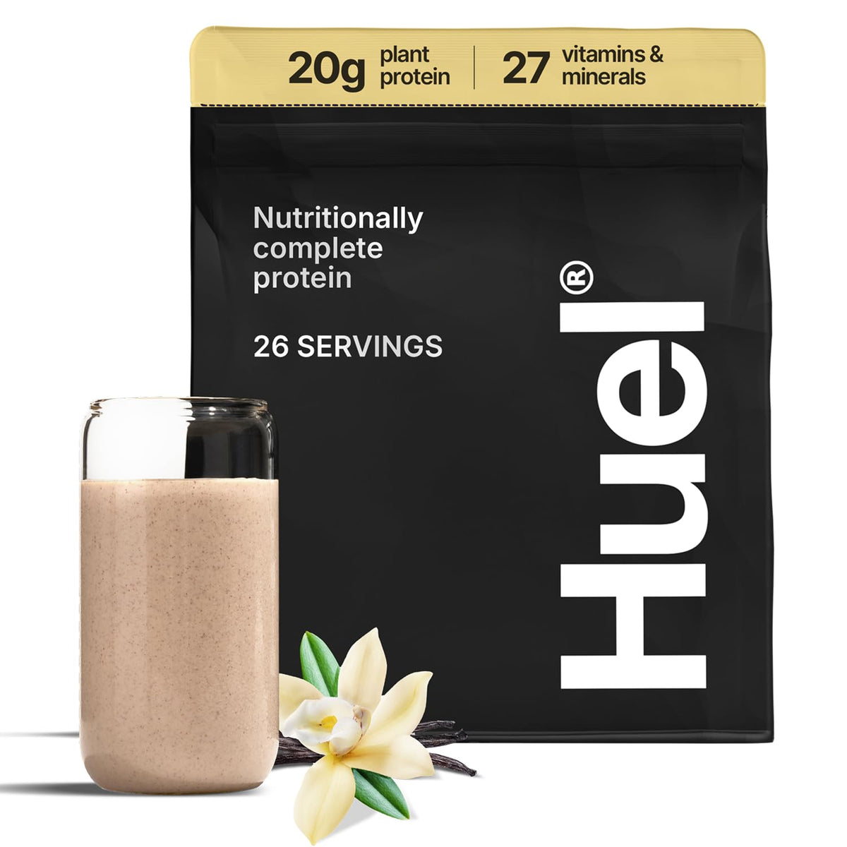 Huel Vanilla protein powder tub showing complete plant-based nutrition for daily fueling.