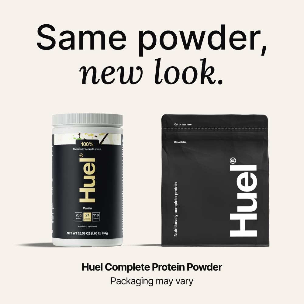 Huel Vegan Protein powder scoop and bag illustrating convenient plant based protein source