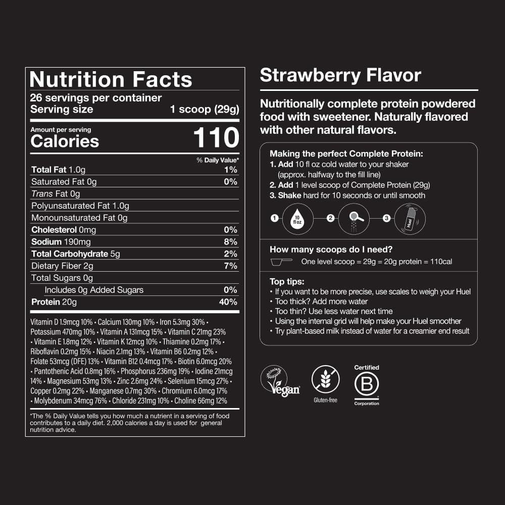 Huel vegan protein strawberry ingredients — hemp, faba, and pea protein for complete amino acids.