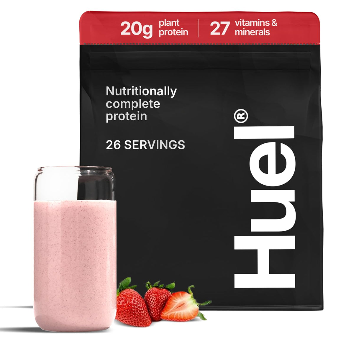 Huel vegan protein strawberry tub — complete plant-based nutrition in a resealable tub.