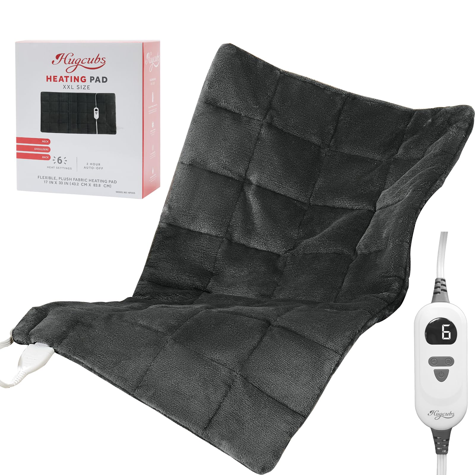 Hugcubs weighted heating pad XL targets neck and shoulders for soothing heat relief.