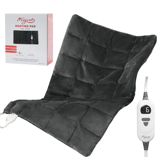 Hugcubs weighted heating pad XL targets neck and shoulders for soothing heat relief.