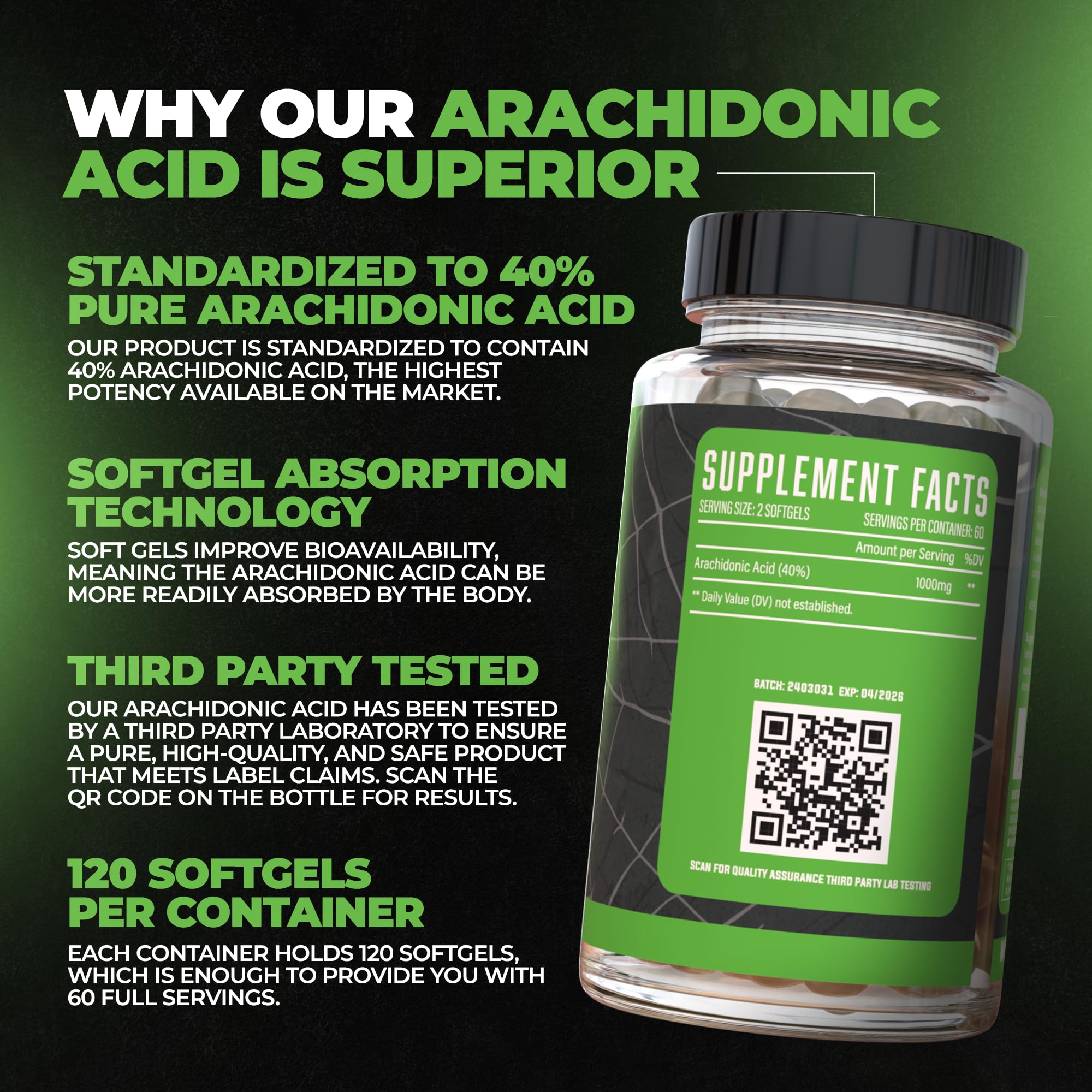 Huge Supplements Arachidone bottle label close-up emphasizing dosage information.