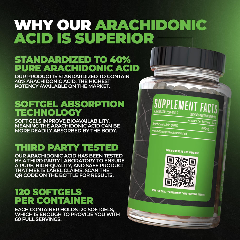 Huge Supplements Arachidone bottle label close-up emphasizing dosage information.