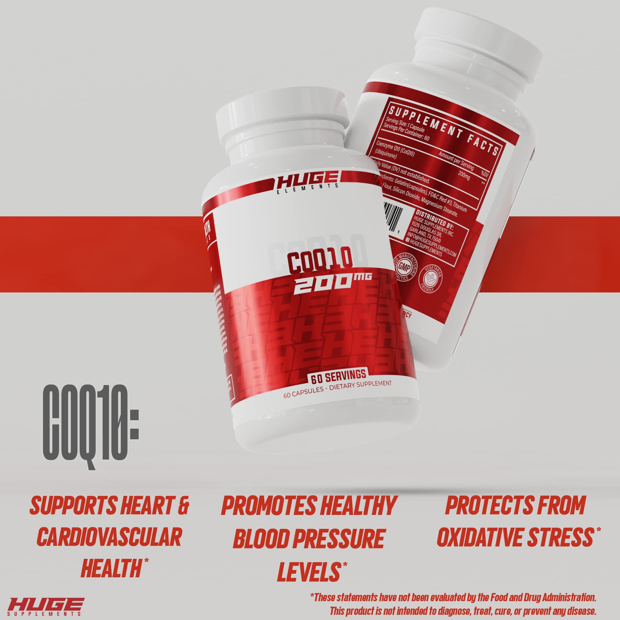 Huge Supplements CoQ10 packaging shows USA-made production and clear labeling
