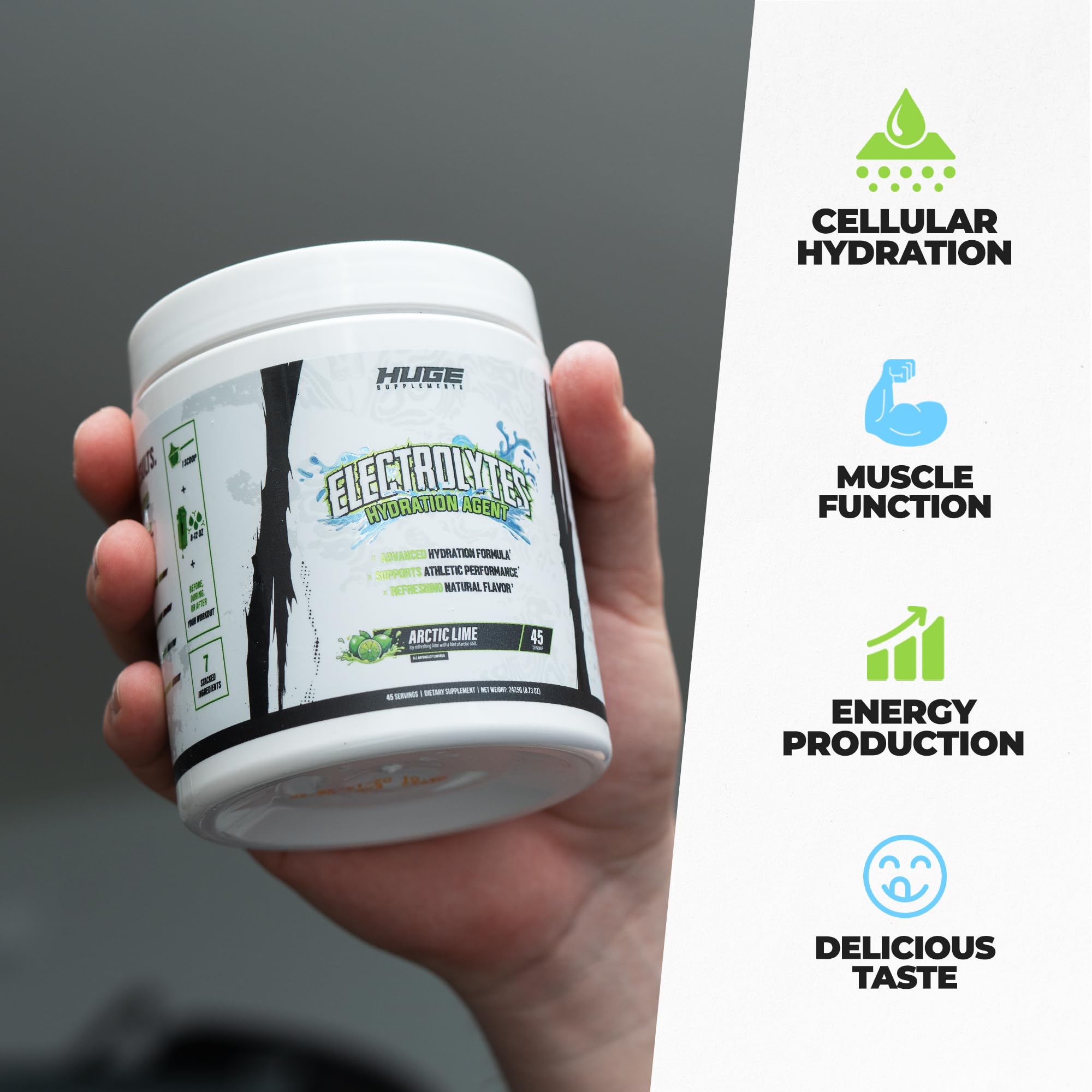 Close-up of Arctic Lime powder with Huge Supplements for active performance.