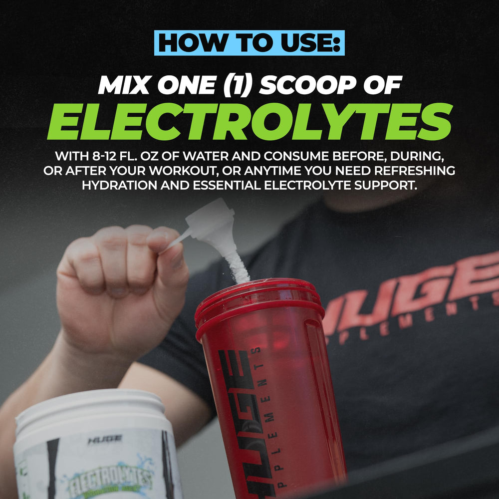 A glass of water with Huge Supplements Electrolytes Powder Arctic Lime ready to drink.