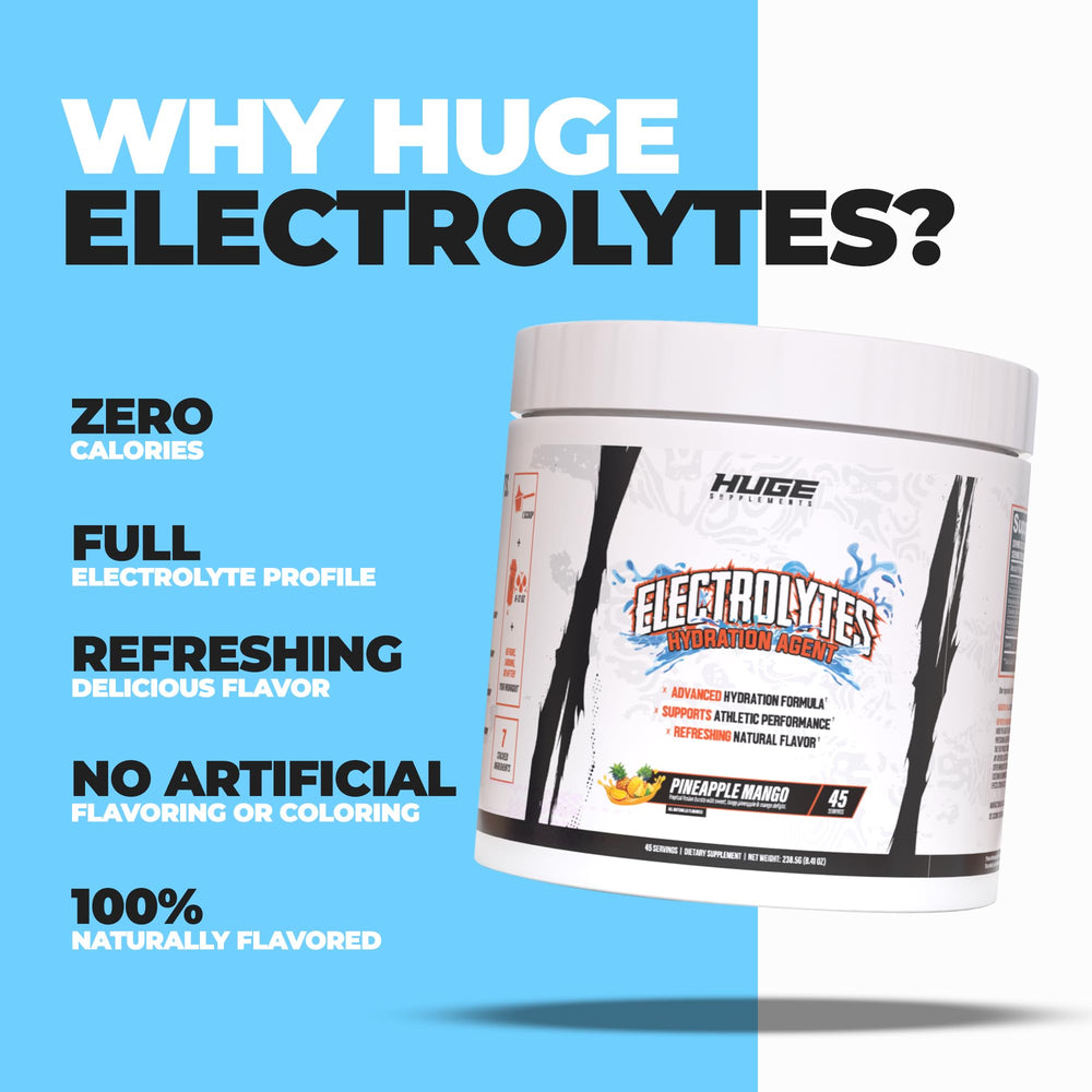 Huge Supplements Electrolytes Powder in glass with dissolved drink for hydration