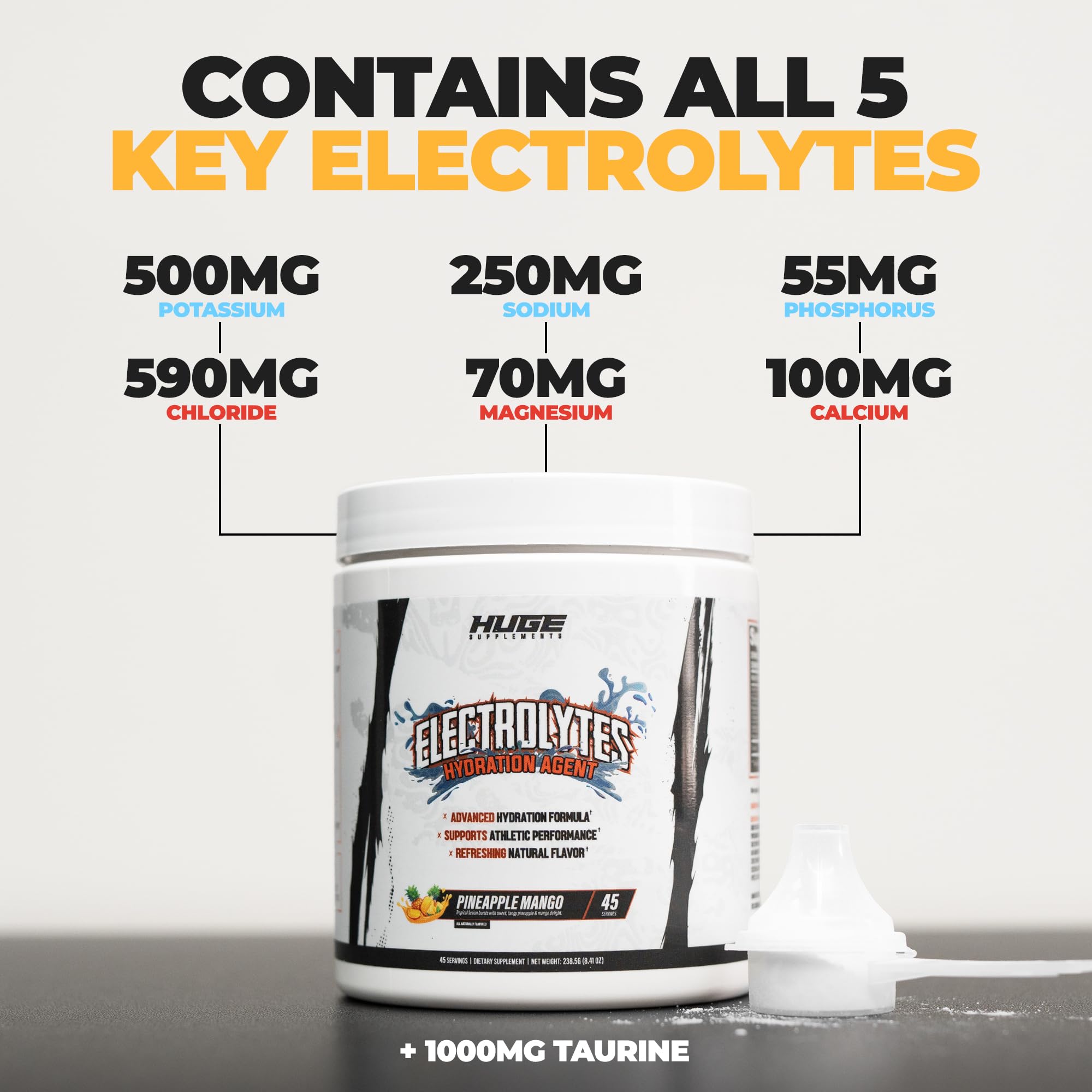 Huge Supplements Electrolytes Powder pineapple mango flavor image showing vibrant color