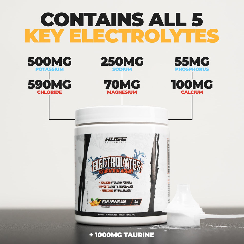 Huge Supplements Electrolytes Powder pineapple mango flavor image showing vibrant color