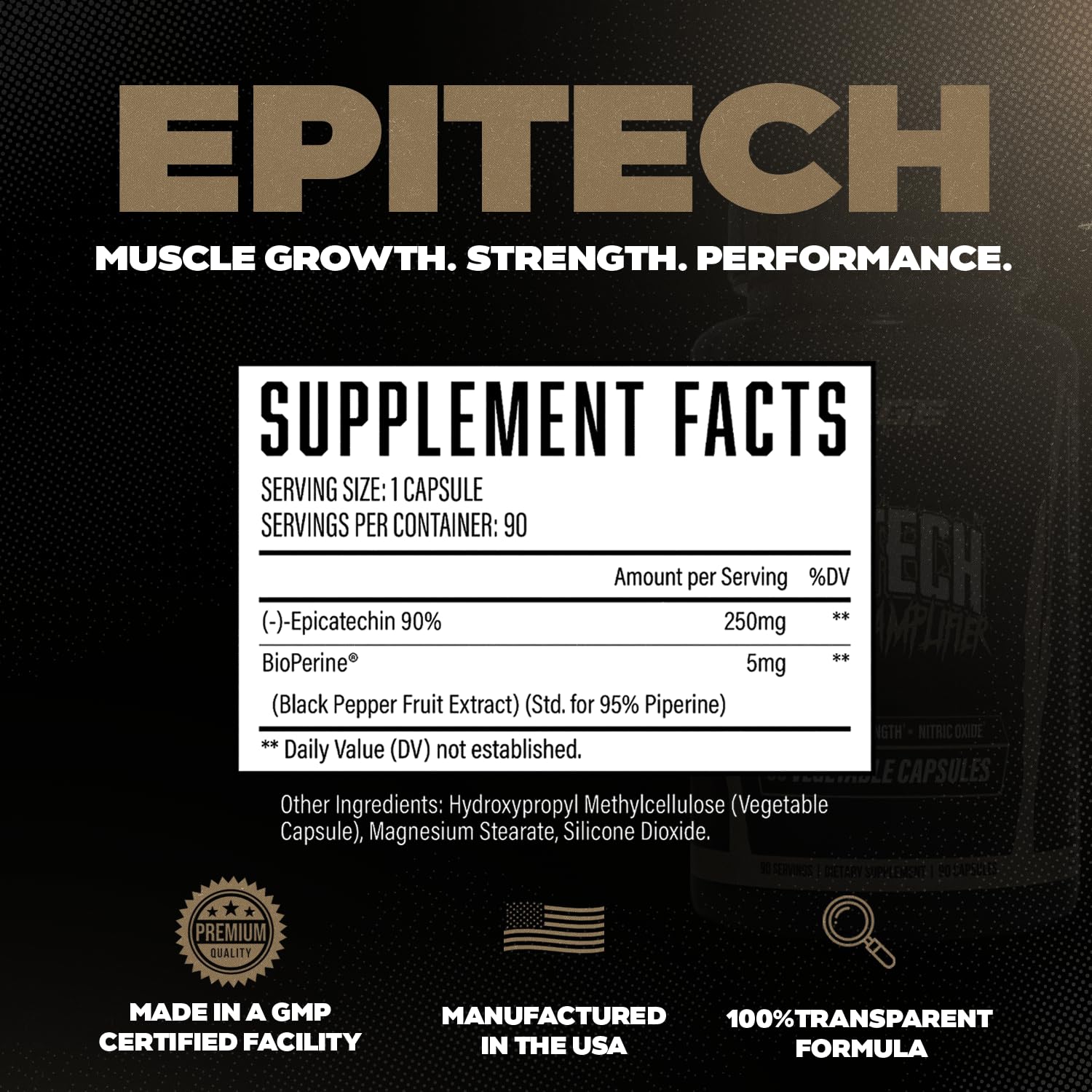 Huge Supplements Epitech Epicatechin label with ingredients and BioPerine for absorption.