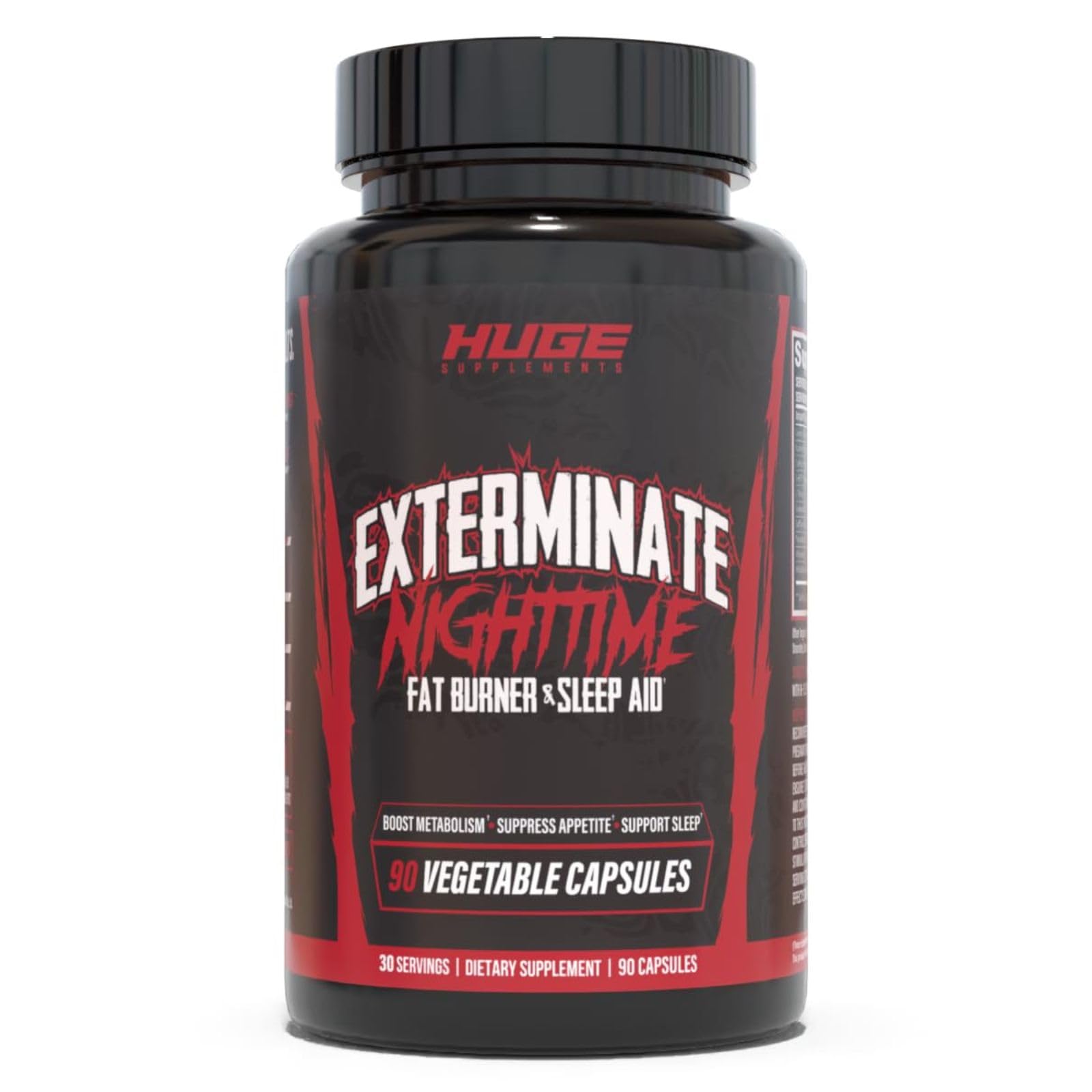 Huge Supplements Exterminate night-time fat burner bottle powering overnight metabolism