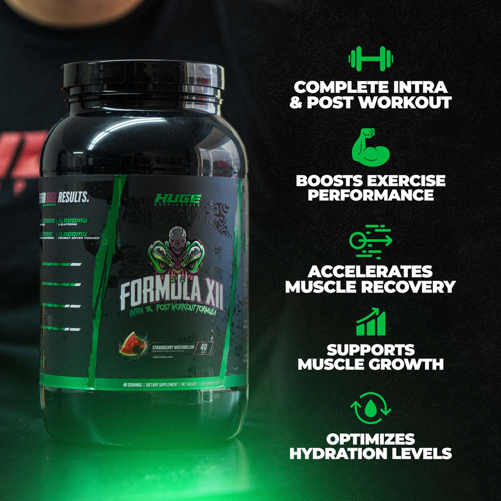 Huge Supplements Formula XII hydration shaker showcases electrolyte-rich formula for sustained endurance