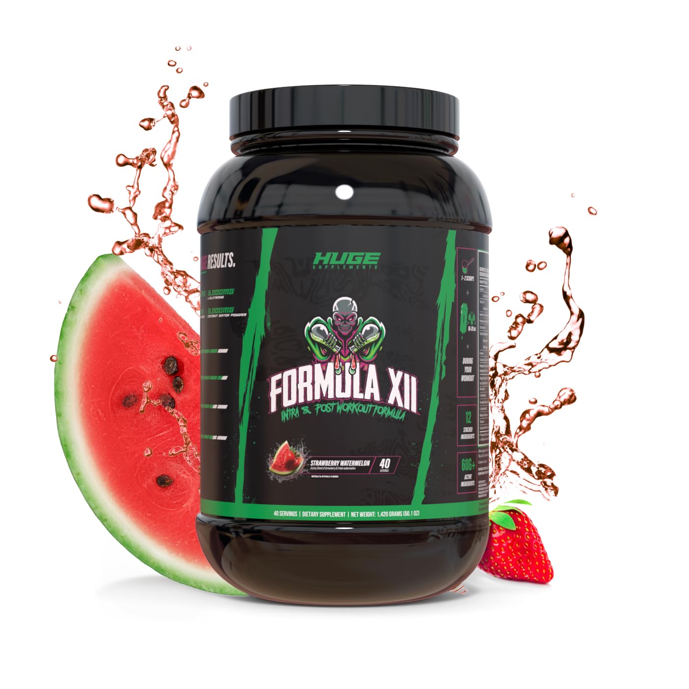 Huge Supplements Formula XII intra bottle with strawberry-watermelon flavor supports hydration and sustained energy during workouts