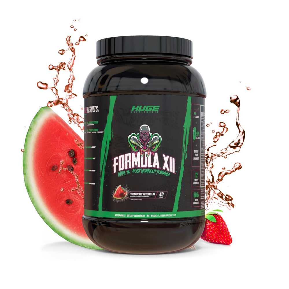 Huge Supplements Formula XII intra bottle with strawberry-watermelon flavor supports hydration and sustained energy during workouts