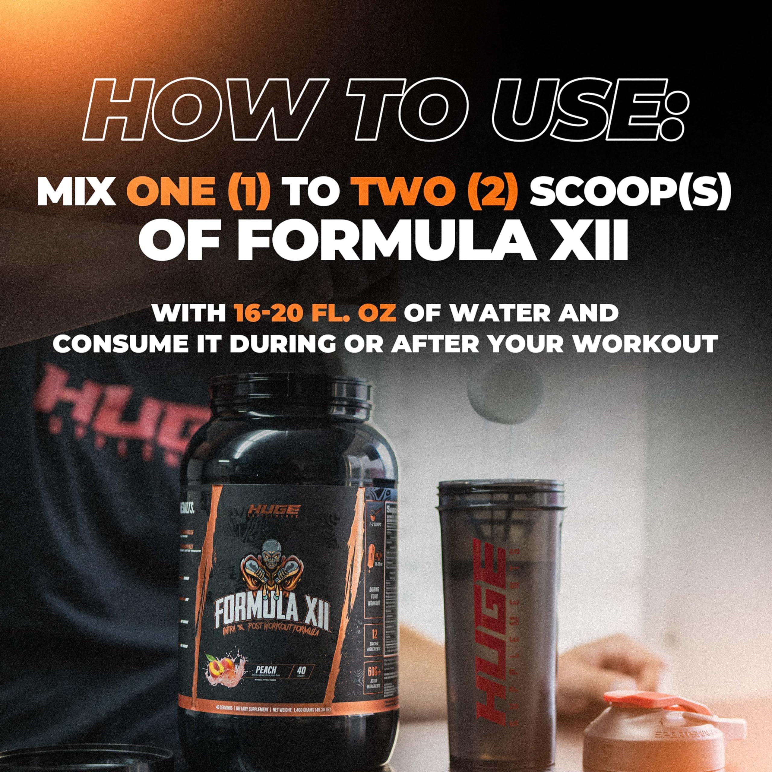 Huge Supplements Formula XII post-workout recovery concept with usage scenario.