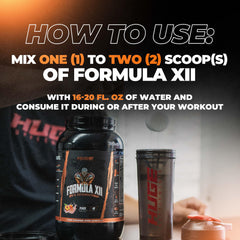Huge Supplements Formula XII post-workout recovery concept with usage scenario.