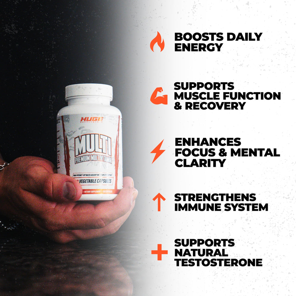 Huge Multi capsules arranged in a row, showcasing compact, all-in-one nutrition.