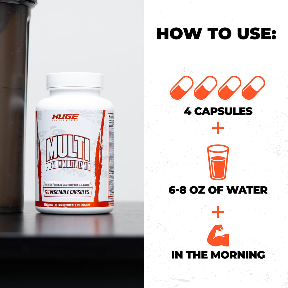 Close-up of a daily dosage scene for Huge Supplements' Huge Multi.
