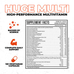 Packaging display of Huge Multi emphasizing all-in-one vitamin power.