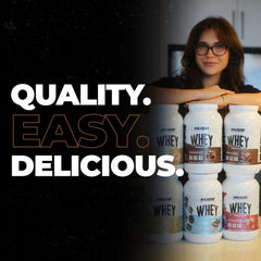 Huge Whey label highlights digestive enzymes for easier digestion and absorption.