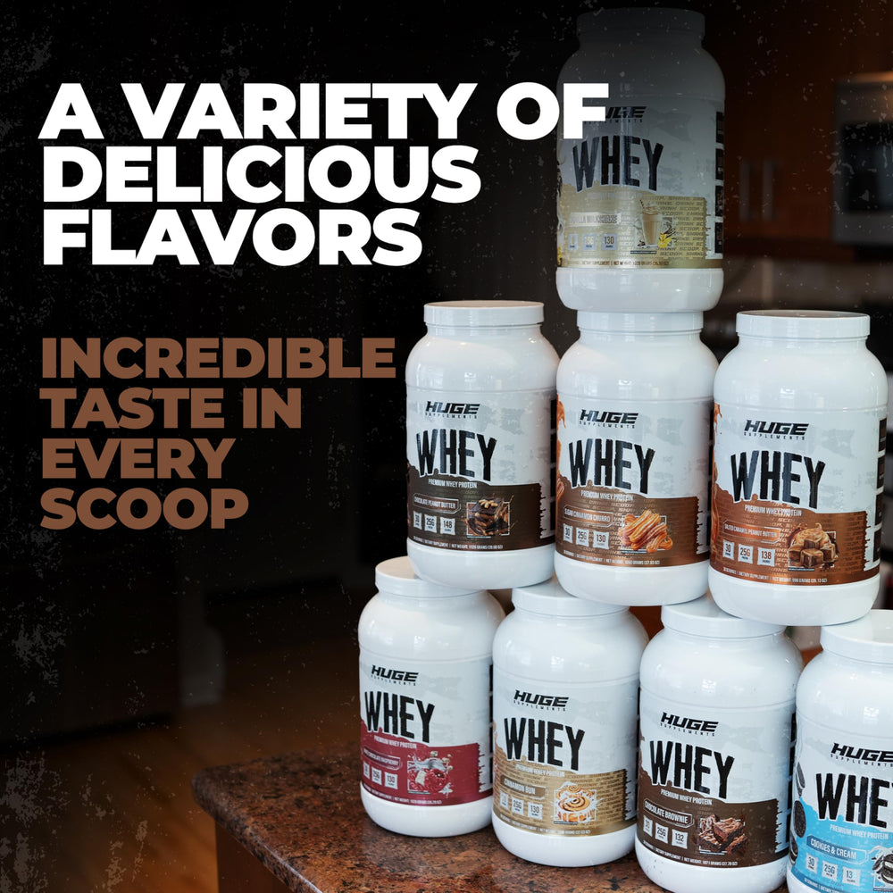 Huge Whey Chocolate Brownie flavor bottle; indulgent taste with performance benefits.