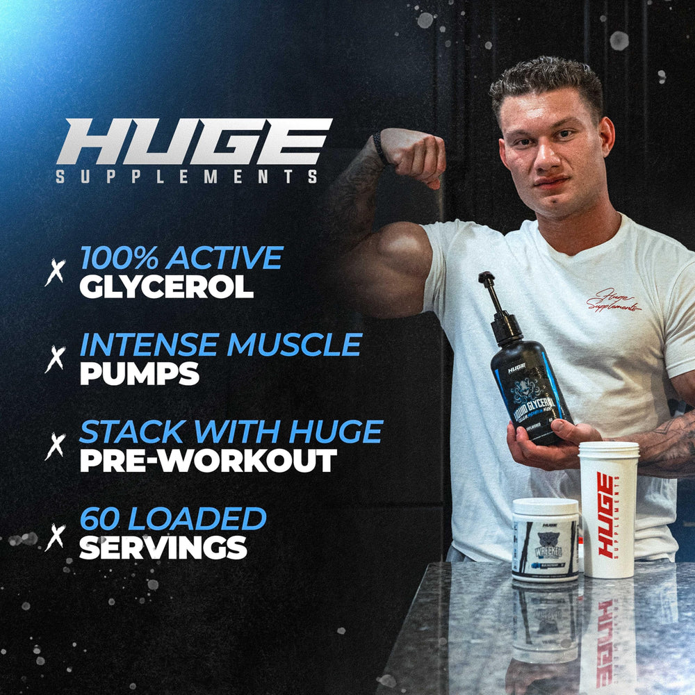 Huge Supplements Liquid Glycerol bottle shows unflavored formula for clean dosing