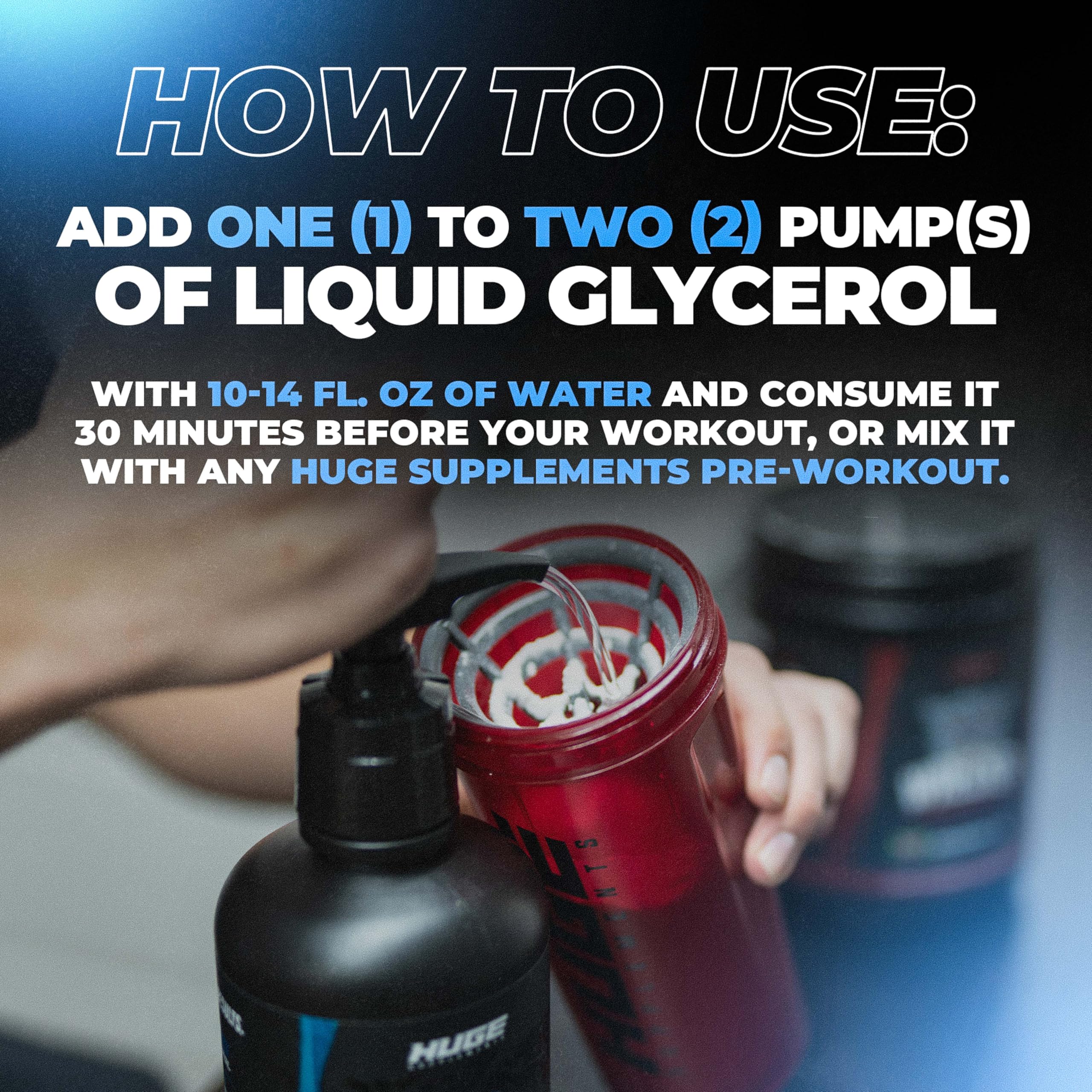 Huge Supplements Liquid Glycerol bottle on gym bench highlights hydration during workouts