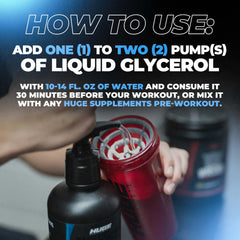 Huge Supplements Liquid Glycerol bottle on gym bench highlights hydration during workouts