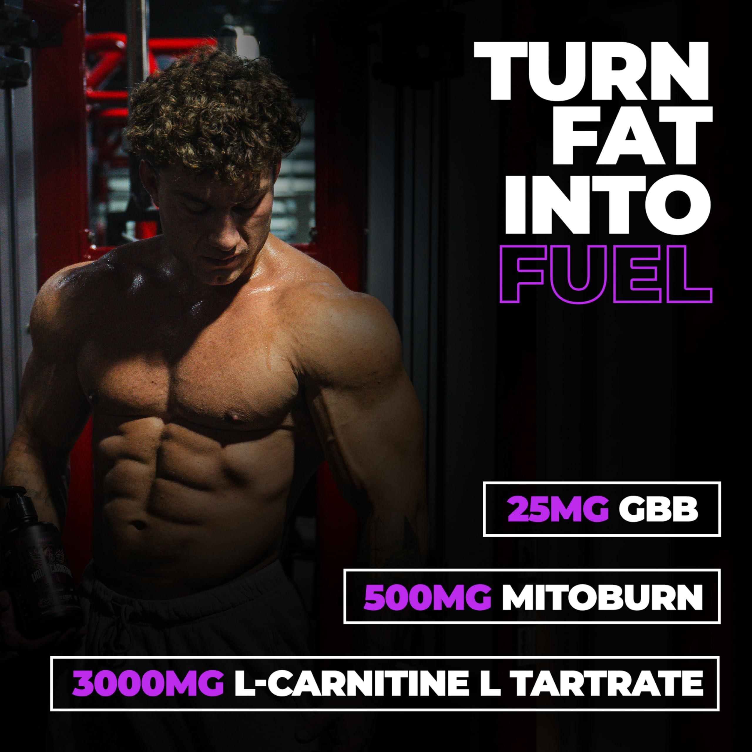 Huge Supplements Liquid L-Carnitine 25mg GBB close-up emphasizes enhanced formula