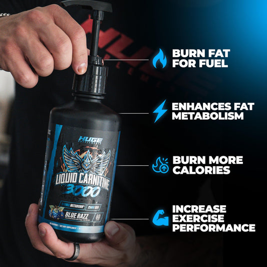 Huge Supplements Liquid L-Carnitine 3000 bottle displayed for convenient daily use and easy access.