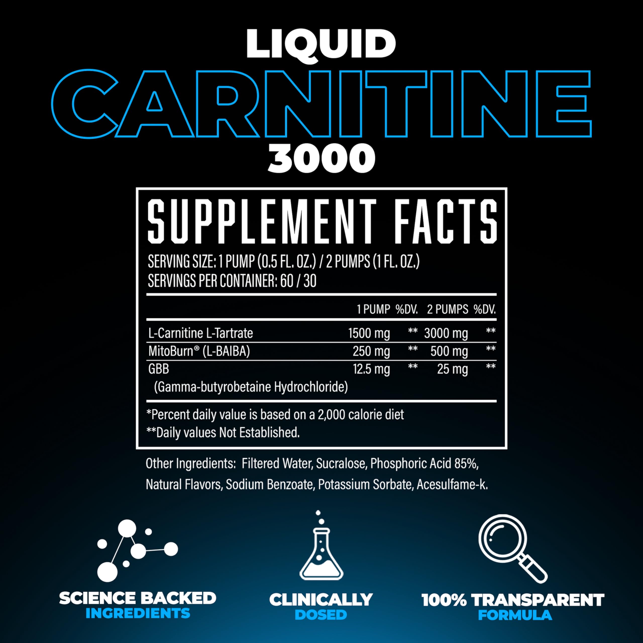 Huge Supplements Liquid L-Carnitine 3000 liquid appearance shows clear, easy-to-dilute formula.