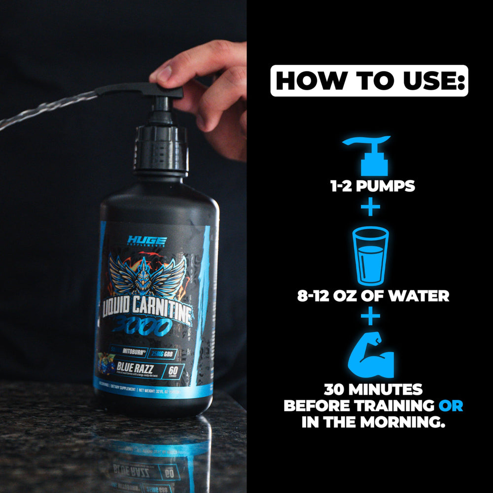 Huge Supplements Liquid L-Carnitine 3000 mix-ready pairs well with beverages and workouts.