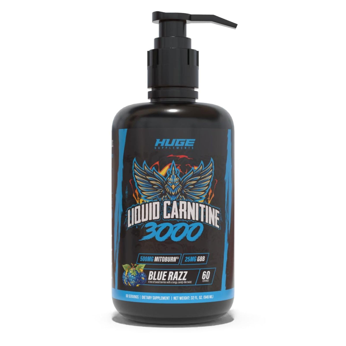 Huge Supplements Liquid L-Carnitine 3000 with pump-top enables precise, mess-free dosing during workouts.