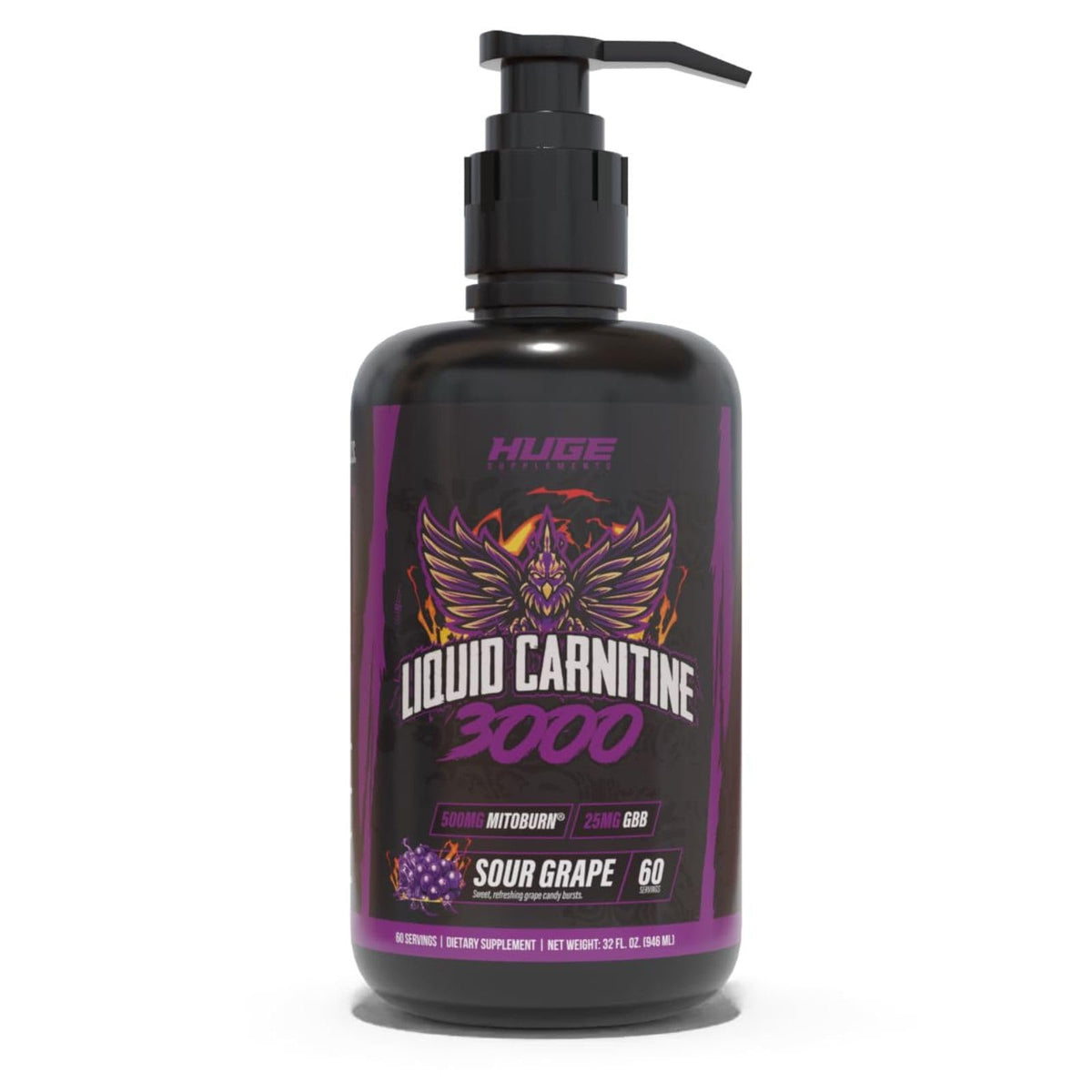 Huge Supplements Liquid L-Carnitine 3000 with pump-top for precise dosing and convenience